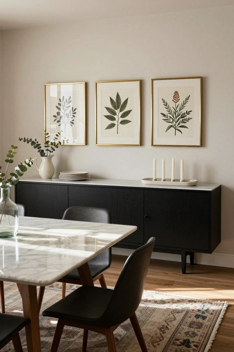 A long dark wood sideboard with a white marble top sits against a light wall beneath three gold-framed botanical prints in a dining room.