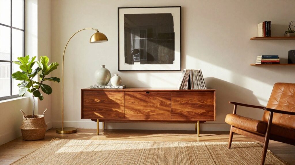 A modern living room with a low walnut sideboard against a white wall, topped with vases and a tray, a brass floor lamp to the left, abstract art above, and a brown leather chair in the foreground.