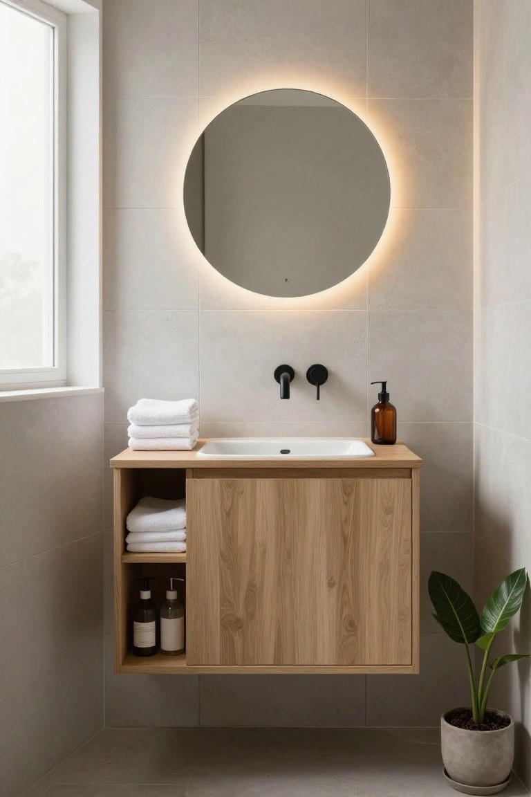 Modern floating oak vanity with round backlit mirror and potted plant.