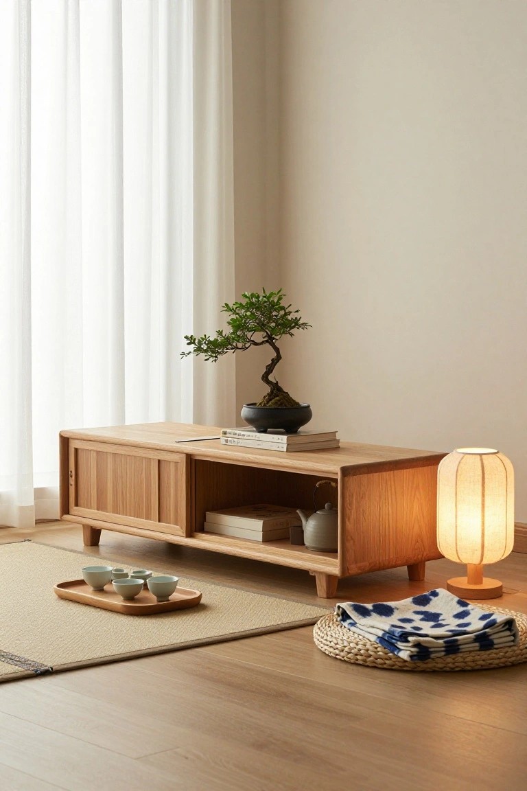 Japanese wooden cabinet with bonsai, books, lamp, and tea set on tatami mat.