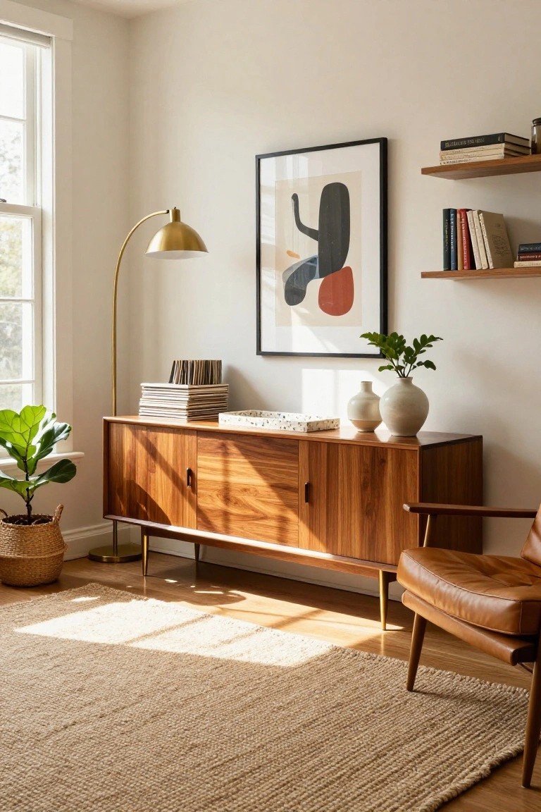 A modern living room with a low walnut sideboard against a white wall, topped with vases and a tray, a brass floor lamp to the left, abstract art above, and a brown leather chair in the foreground.