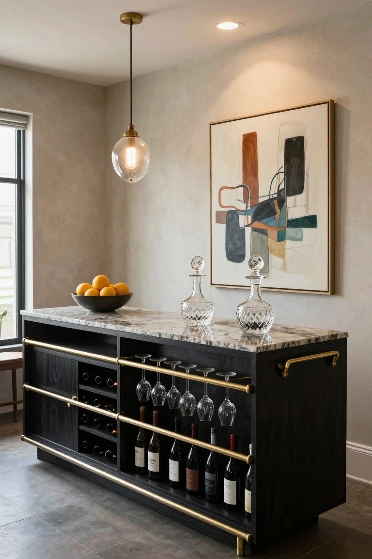 A dark wood sideboard with a marble top displays wine bottles in racks, hanging glassware, and two crystal decanters beneath an abstract painting.
