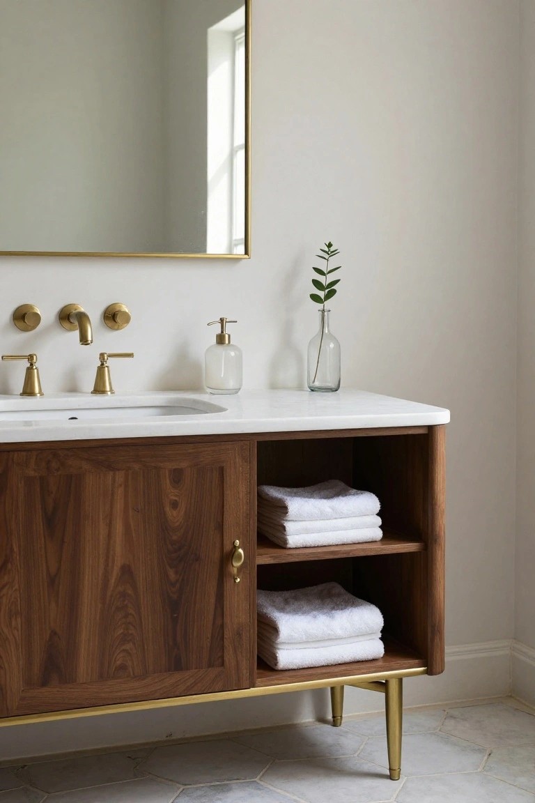 Modern bathroom vanity with walnut cabinet, marble top, and folded white towels.