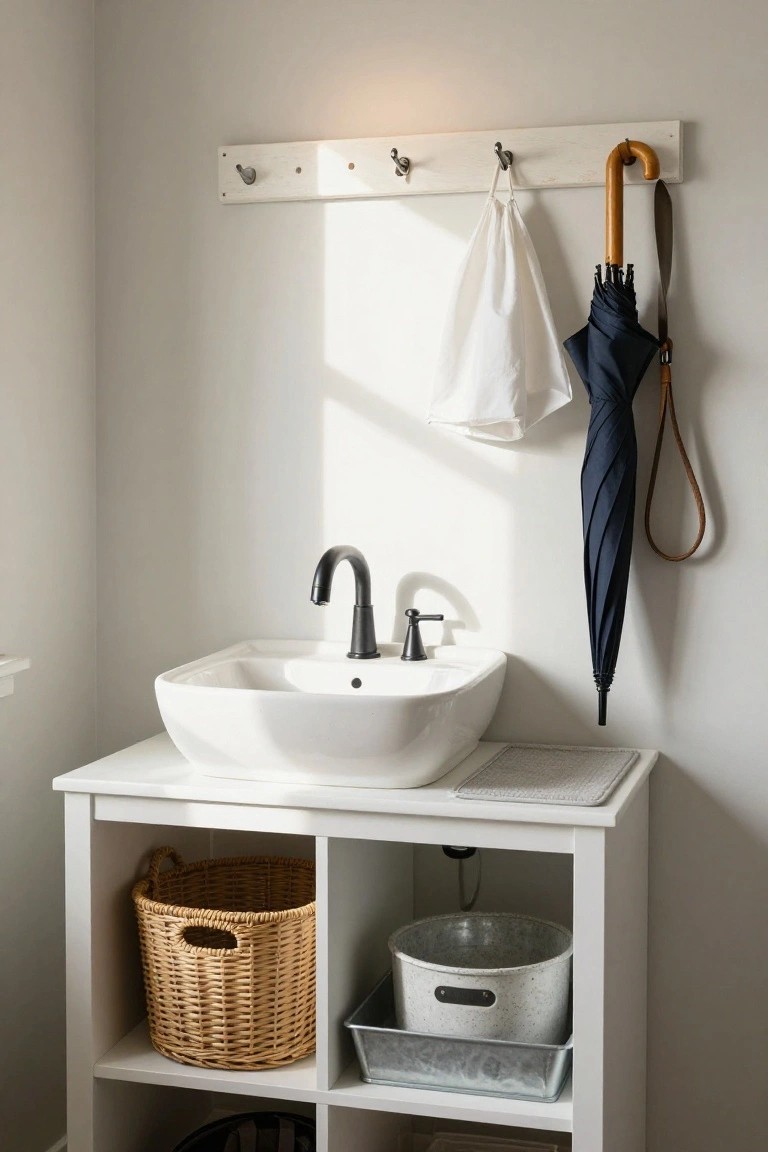 A white sideboard vanity with a vessel sink on top, open lower shelves holding a wicker basket and metal tray, and wall hooks above with a hanging cloth and umbrella.