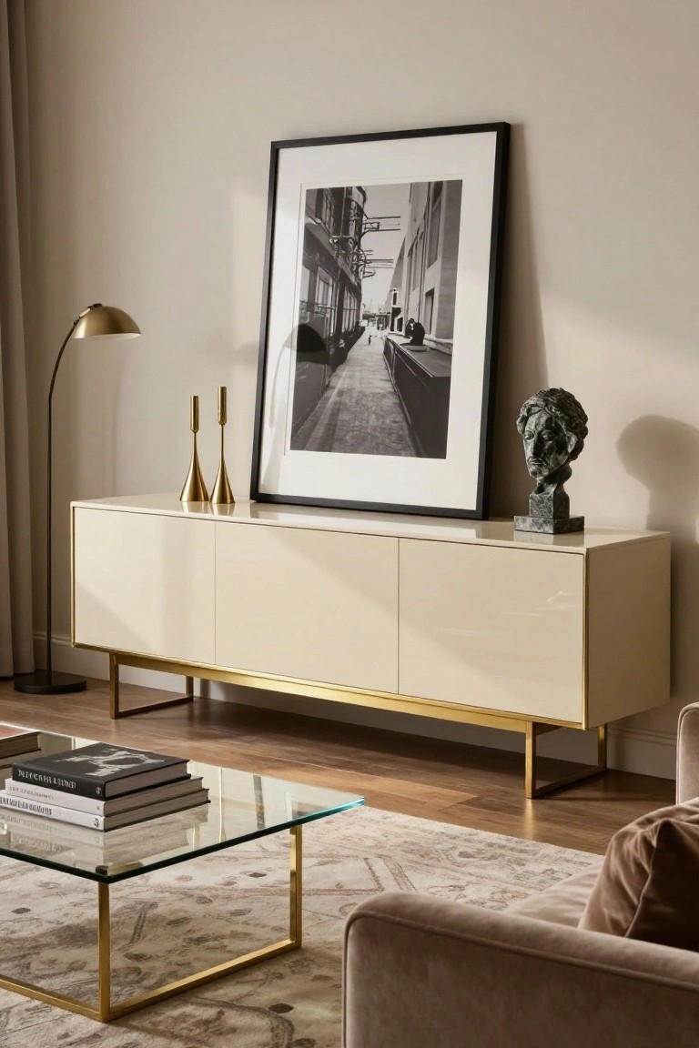 Modern cream sideboard with gold base, framed art, bust, and coffee table.