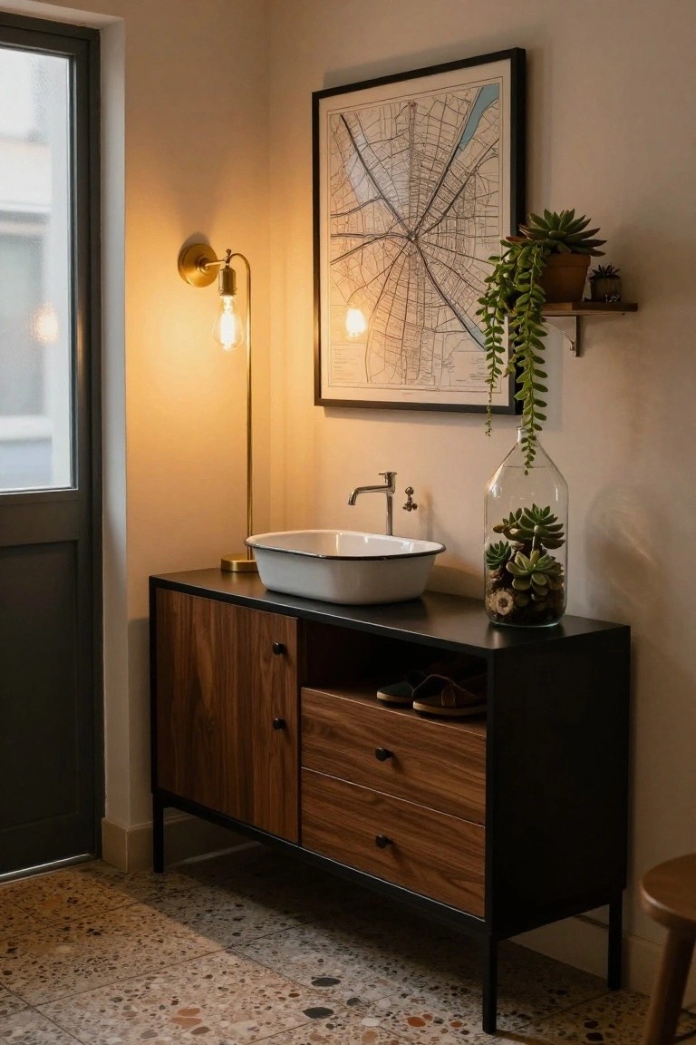 A modern sideboard with wood drawers and black frame holds a white vessel sink in a home interior with plants and wall art.