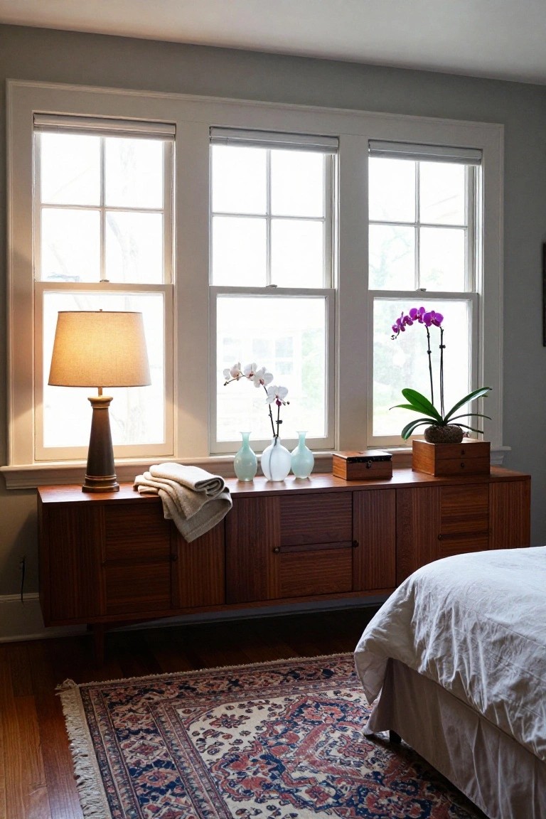 Mid-century wooden credenza under three windows with orchids and lamp.