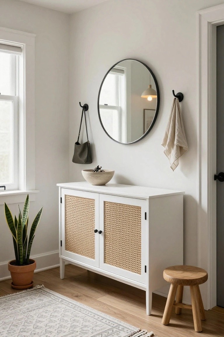 Modern white cabinet with woven doors, round mirror, and stool in entryway.