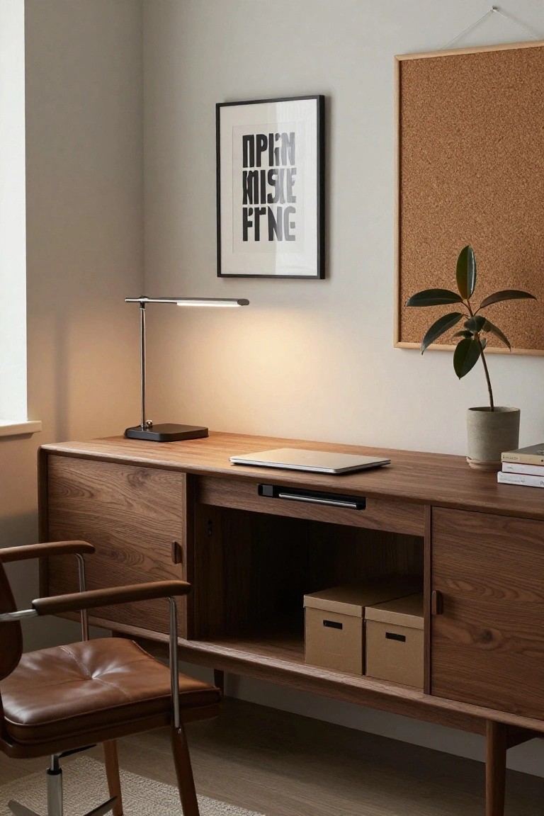 A wooden sideboard with closed cabinets on each end and an open center shelf holding two storage boxes, with a laptop and desk lamp on top and a brown leather chair in front.