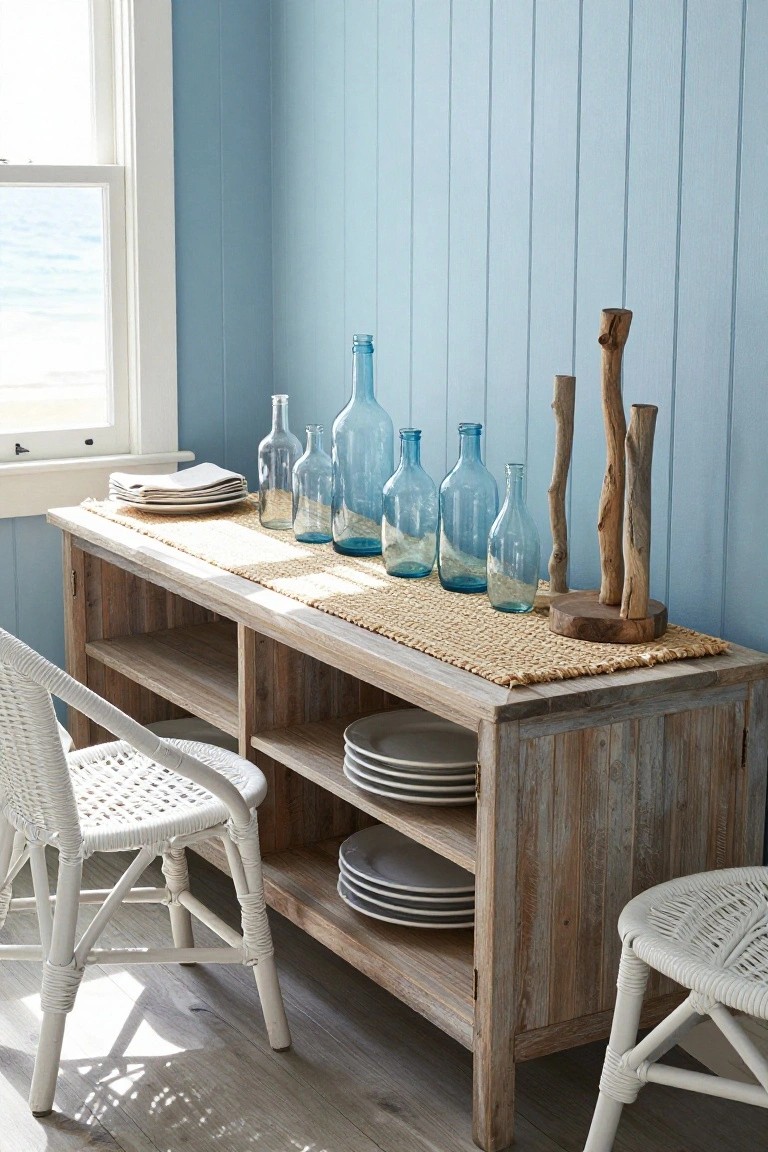 Coastal dining room with weathered wood table, blue glass bottles, and white woven chairs.