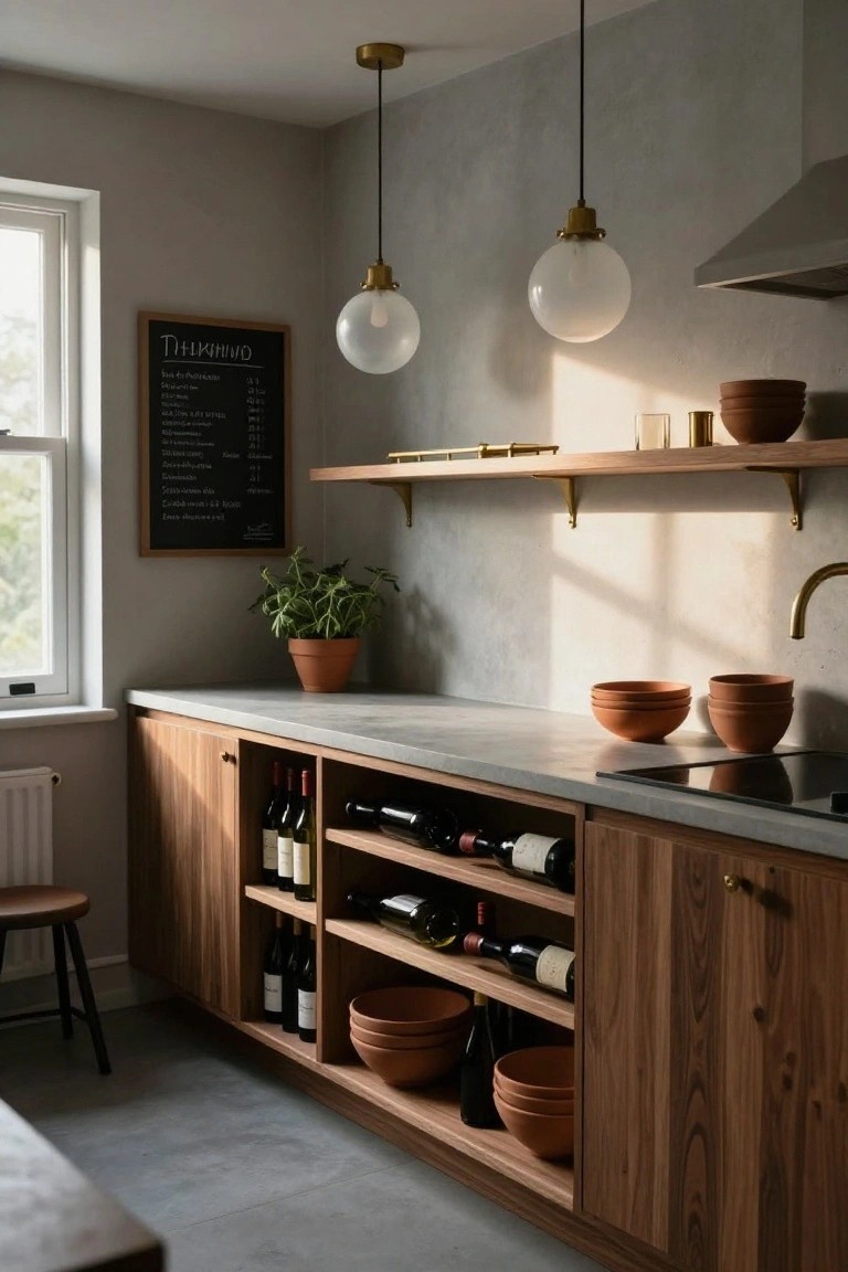 A modern kitchen features a long wooden sideboard with open shelves holding wine bottles and terracotta bowls beneath a gray concrete countertop.