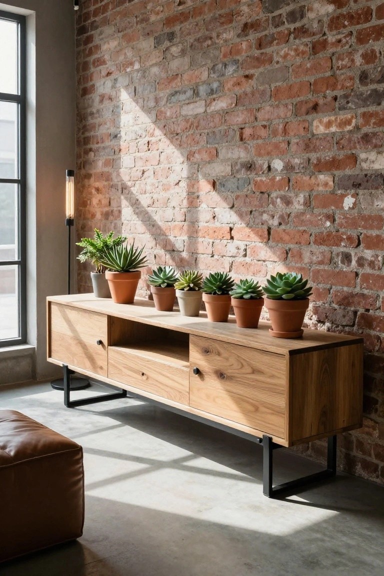 A light wood sideboard with drawers and open shelving sits against a brick wall, topped with several small potted succulents.