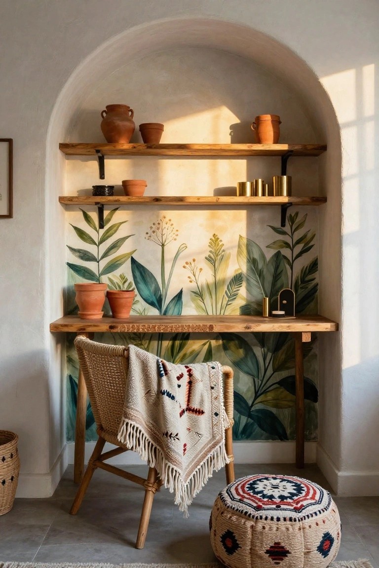 Small workspace in a white arched wall niche with wooden floating shelves holding terracotta pots, plants, and gold candle holders above a wooden desk against green botanical leaf wallpaper, rattan chair with fringed throw blanket, woven basket, and patterned pouf stool on tiled floor.