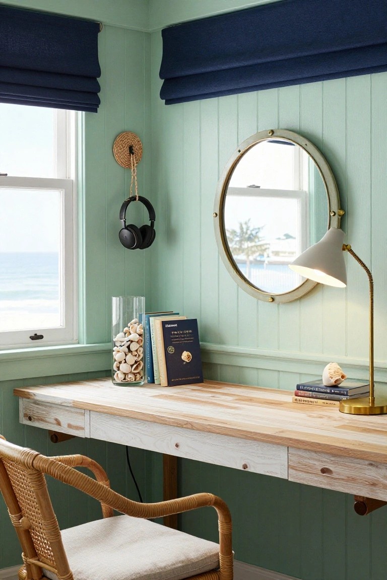 Mint green paneled room with whitewashed wood desk, rattan armchair, round brass mirror, navy roman shades, seashell vase, books, lamp, and window showing ocean view.