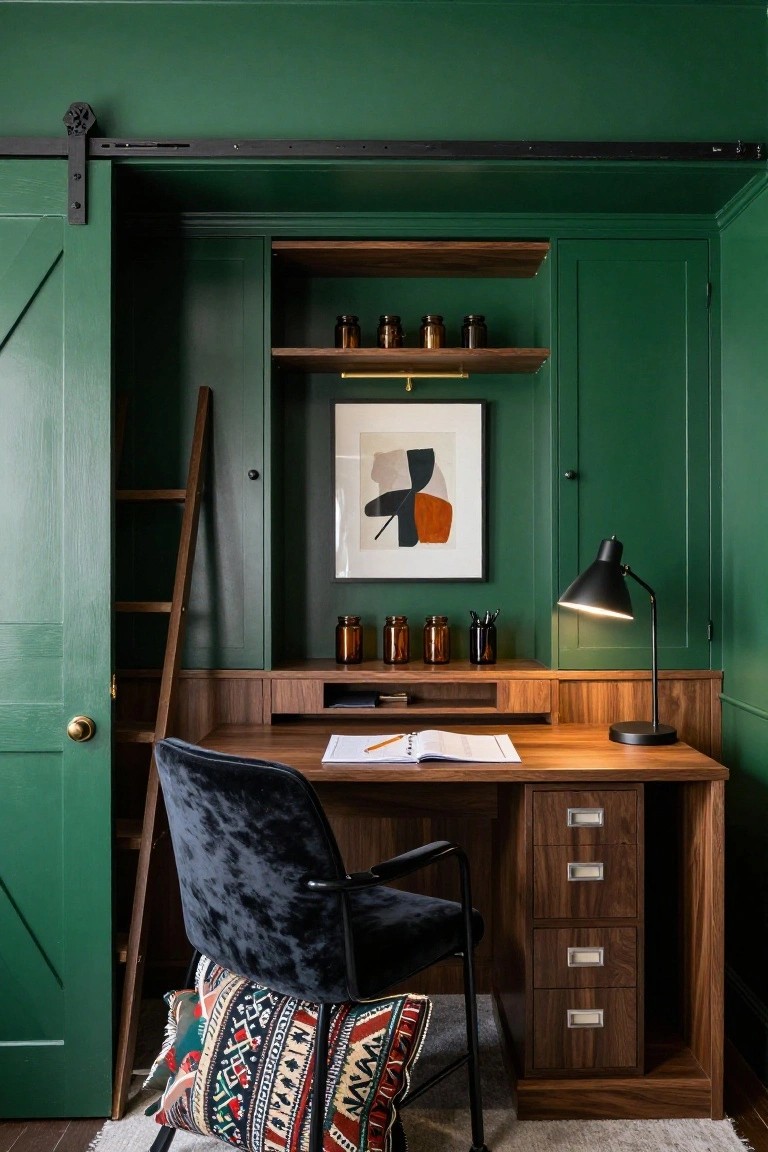 Deep green closet office with built-in walnut desk and shelving, wooden ladder leaning against shelves with glass jars, abstract wall art, black desk lamp, black velvet chair with patterned pillow, and sliding barn door.