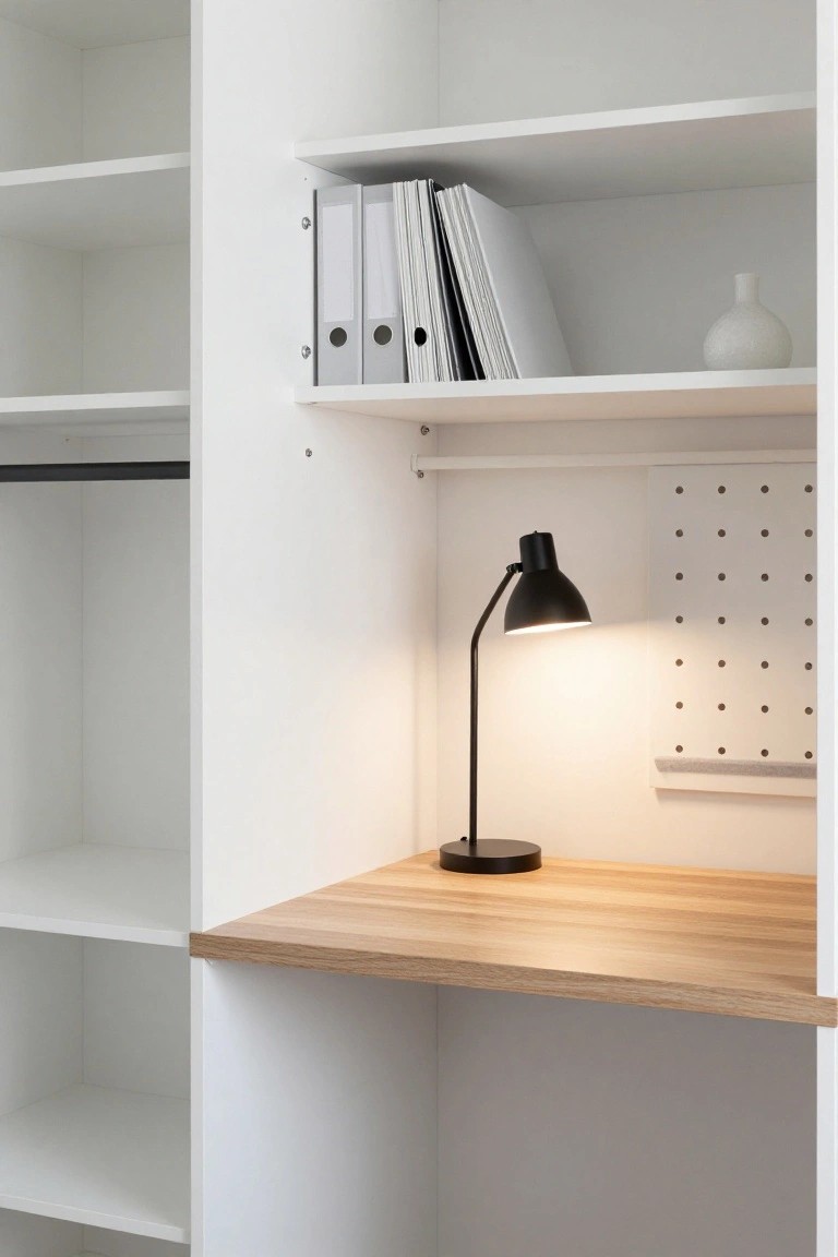 White closet cabinetry with integrated light oak wood desk top, black desk lamp, open shelves holding white binders and papers plus a white vase, pegboard panel on side wall, and hanging rod nearby.