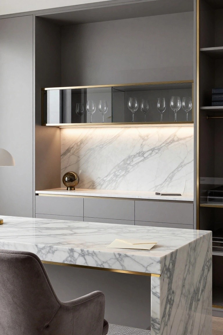 Modern marble desk with gray cabinetry and illuminated wine glass display.