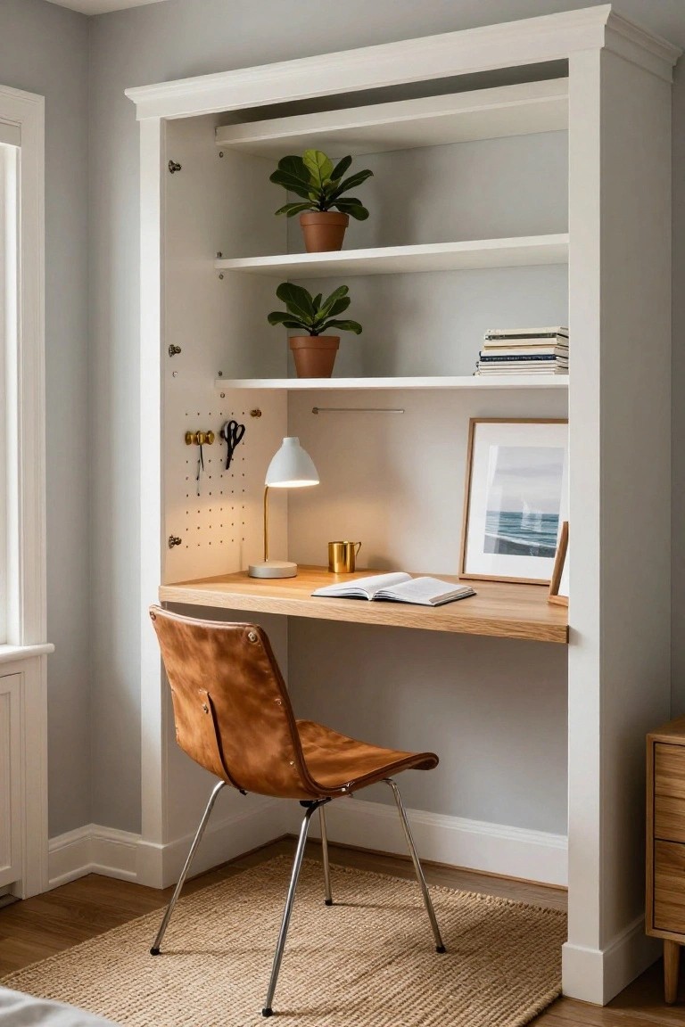 White open shelving unit with integrated oak desk at bottom, potted plants and books on shelves, desk lamp, mug, leather chair, and framed art in a light gray room with wood floor.