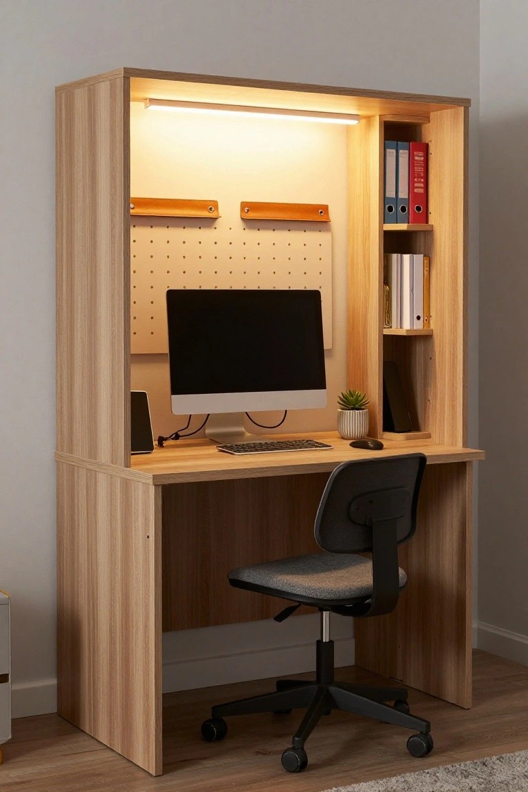 Wooden desk enclosure resembling a closet office with open shelves holding binders and books, a pegboard panel, LED strip light above, iMac monitor and keyboard on the desk, speakers, plant, mouse, and black office chair.