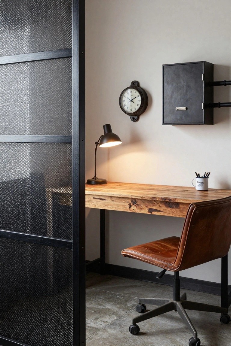 Home office in a small room with rustic wood desk on metal legs, brown leather chair, desk lamp, white mug, pencils, wall clock, black metal cabinet, and black perforated metal screen door partially open.