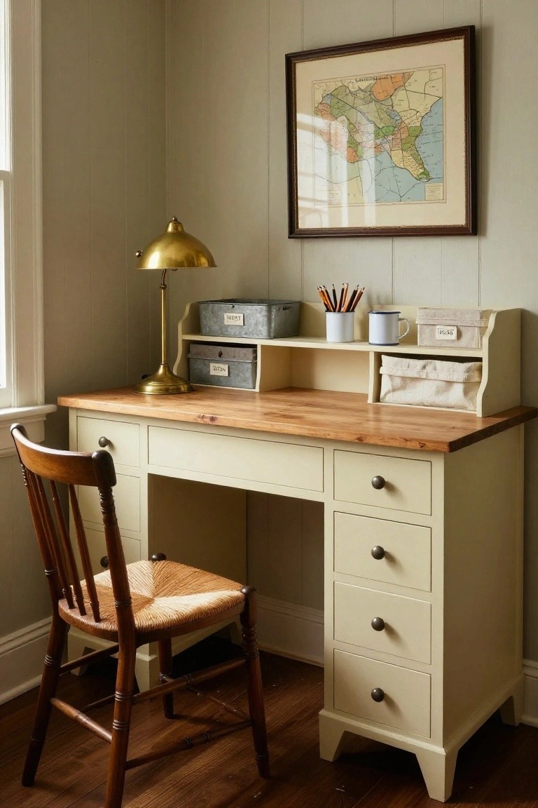 Corner room with cream desk topped in pine wood, brass banker's lamp, overhead galvanized bins labeled In and Out on shelf, wooden rush chair, greige shiplap walls, and framed map.
