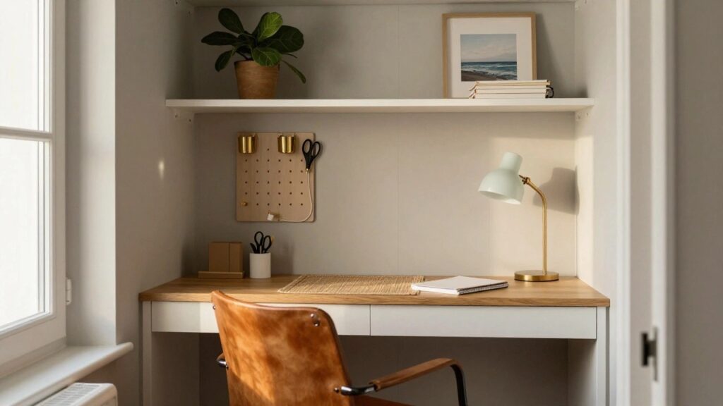 White open shelving unit with integrated oak desk at bottom, potted plants and books on shelves, desk lamp, mug, leather chair, and framed art in a light gray room with wood floor.