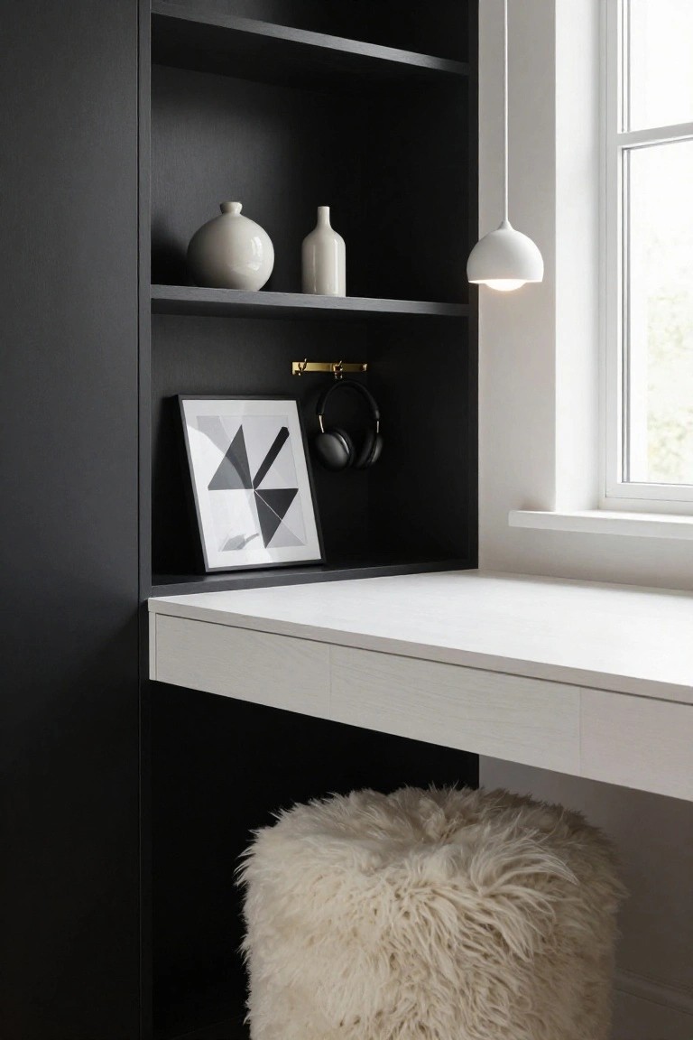 Black built-in shelving unit with white ceramic vases on top shelf, abstract black-and-white framed art and headphones on gold hook in middle, floating white wood desk drawer below, and white fluffy pouf stool at bottom, beside a window.