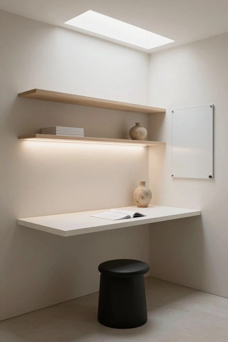 Corner workspace with two levels of floating light oak shelves holding stacked books and ceramic vases, LED strip lighting underneath the lower shelf, floating white desk with open book and vase, white marker board on wall, black cylindrical stool, white walls, and overhead skylight.