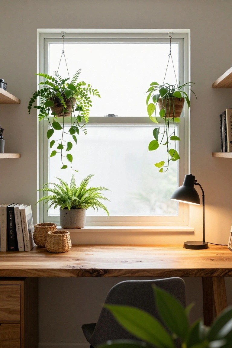 Wooden desk with drawer cabinet and gray chair in front of a window, surrounded by hanging pothos and fern plants from ceiling hooks, potted fern on desk, desk lamp lit, books on floating shelves.
