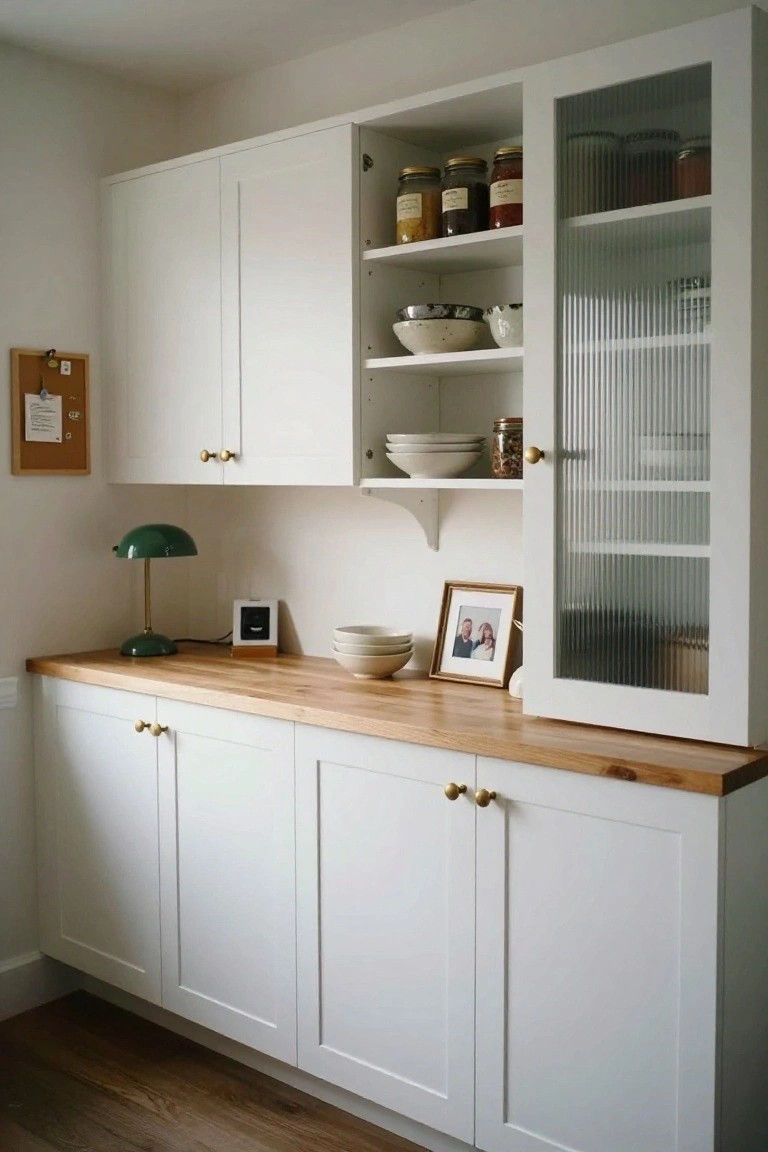 White upper and lower kitchen cabinets with brass knobs, open shelves holding jars bowls and dishes, glass-fronted cabinet with reeded doors, wooden countertop with green lamp white bowls and framed photo.