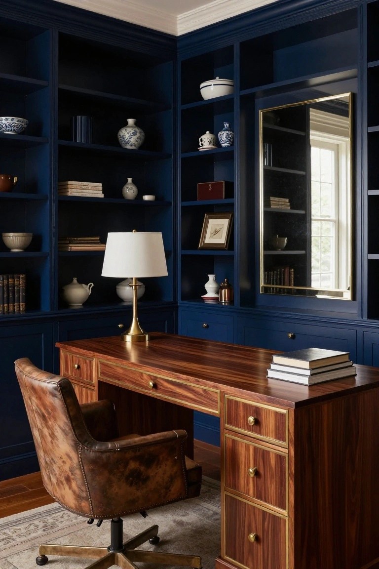 A closet transformed into an office with navy blue built-in shelving on two walls, a wooden desk with leather chair, brass lamp, mirror, and assorted ceramics and books on shelves.