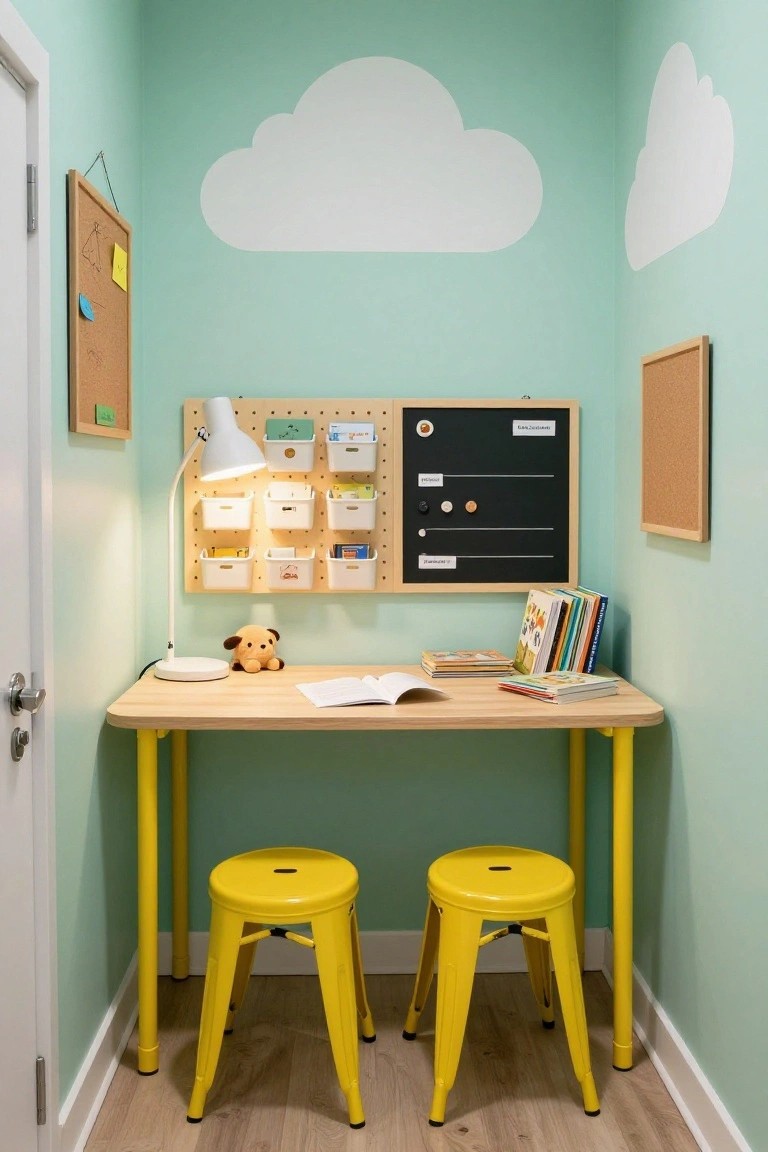 Small mint green closet transformed into a workspace with a light wood desk on yellow metal legs, two yellow stools, pegboard organizer wall with white bins and blackboard section, open books, stuffed dog toy on desk, and wall clouds.