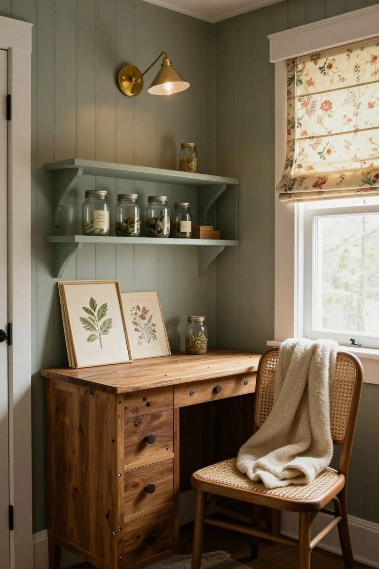 Small indoor office nook featuring pale green vertical shiplap walls, wooden desk with drawers, rattan chair draped in white throw, floating shelves holding glass jars with dried plants, botanical prints leaning against wall, and window with sheer floral roman shade.