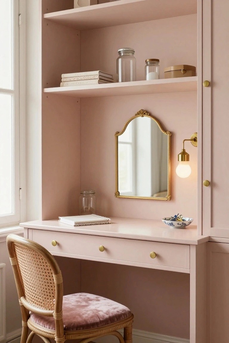 Blush pink built-in shelving unit with open shelves holding books and jars, a matching desk topped with a notebook and dish, gold-framed mirror with wall sconce, rattan chair with pink cushion, next to a window in a room with pink walls.