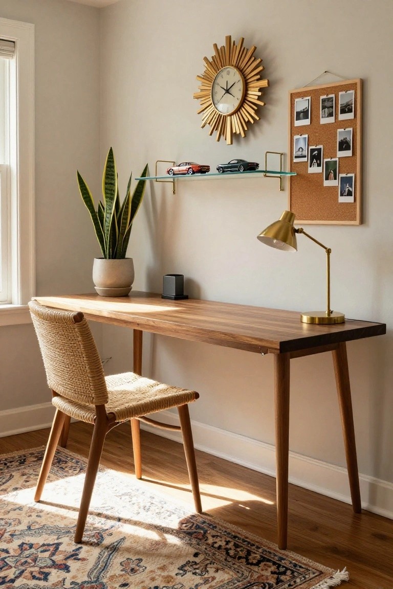 A small indoor home office with a rectangular wooden desk, rattan chair, potted snake plant, black square device on desk, gold desk lamp, floating glass shelf holding two model cars, gold sunburst wall clock, corkboard with Polaroid photos, against light gray walls, wood floor, and patterned rug.