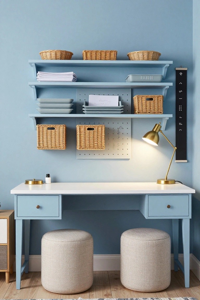 Light blue wall with floating blue shelves holding white papers, gray trays, and multiple wicker baskets, a pegboard panel, gold desk lamp on white desk with blue drawers, and two beige pouf stools in front.