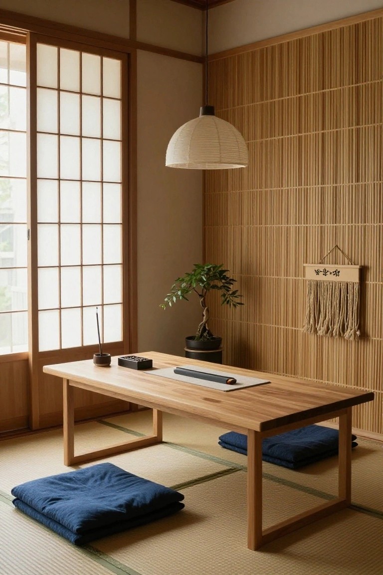 Japanese-style interior room with tatami floor, low wooden table, blue floor cushions, bonsai plant in black pot, incense holder, and shoji screen window.