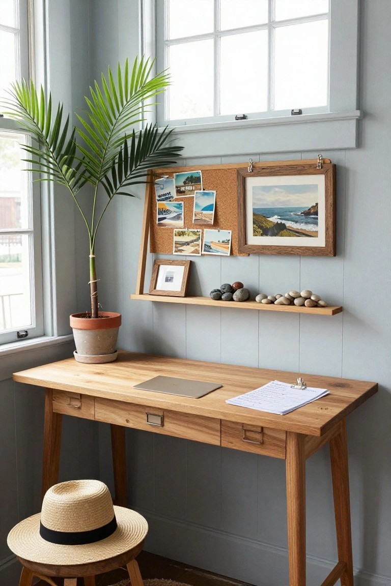 Light blue home office corner with wooden desk, potted palm plant near window, wall shelf holding corkboard of beach photos, framed ocean painting, small frame, and pebbles, straw hat on stool.