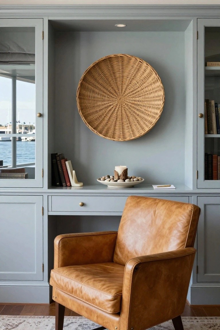 Light blue built-in cabinetry with glass-fronted doors flanking a central open niche with a wooden desk, tan leather armchair, round woven basket on the wall, white bowl of pebbles and candle on the desk, books on shelves, and marina view through the left-side windows.