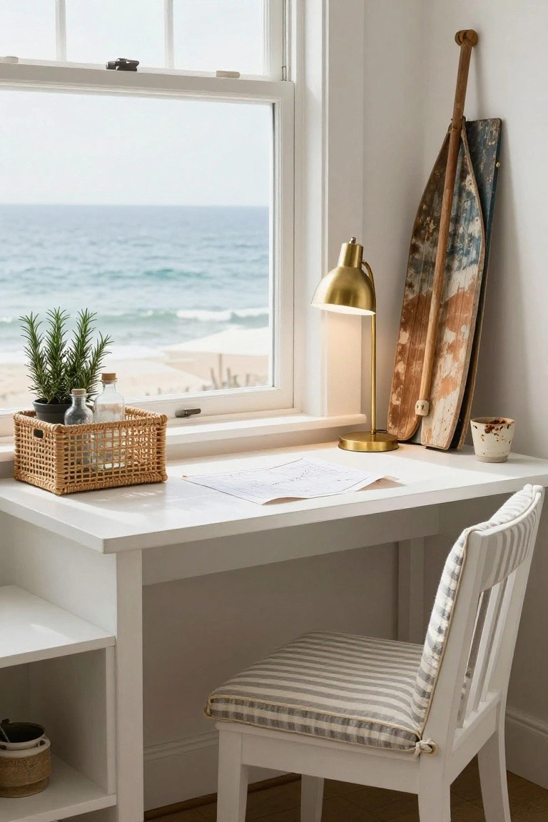 White desk and striped chair in a room with large window overlooking ocean and beach, gold lamp, woven basket with plants and bottles, leaning wooden paddle on wall.