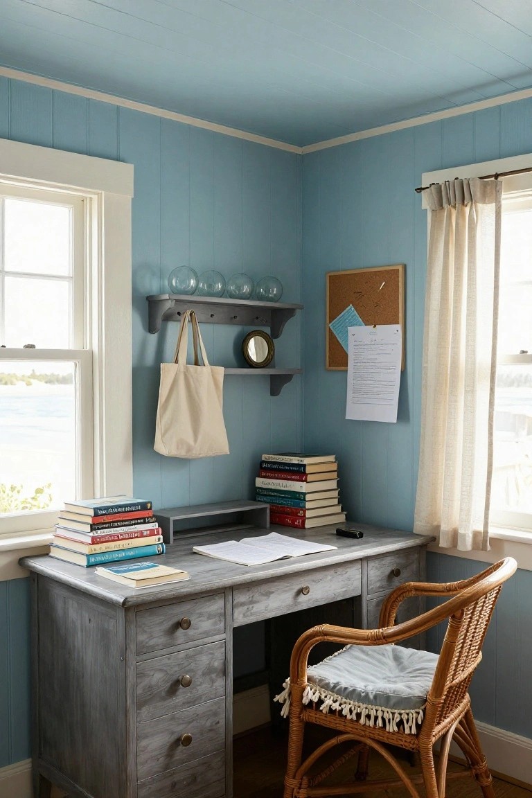 Corner home office with light blue shiplap walls and ceiling, gray wooden desk topped with stacked books and papers, rattan chair with blue cushion, shelf holding glass orbs and clock, corkboard with papers, canvas tote bag, and two windows overlooking water.