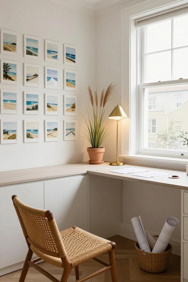 Corner home office with light wood desk, rattan chair, gold cone lamp, pampas grass in terracotta pot, rolled papers in basket, and grid of small white-framed beach paintings on wall next to window.
