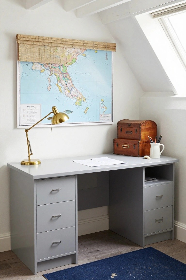 Attic home office featuring a gray pedestal desk with brass adjustable lamp, loose papers, stacked vintage wooden trunks, mug holding pencils and brushes, large blue map of Italy mounted on white wall under woven bamboo blind, sloped ceiling with skylight, blue area rug on wood floor.