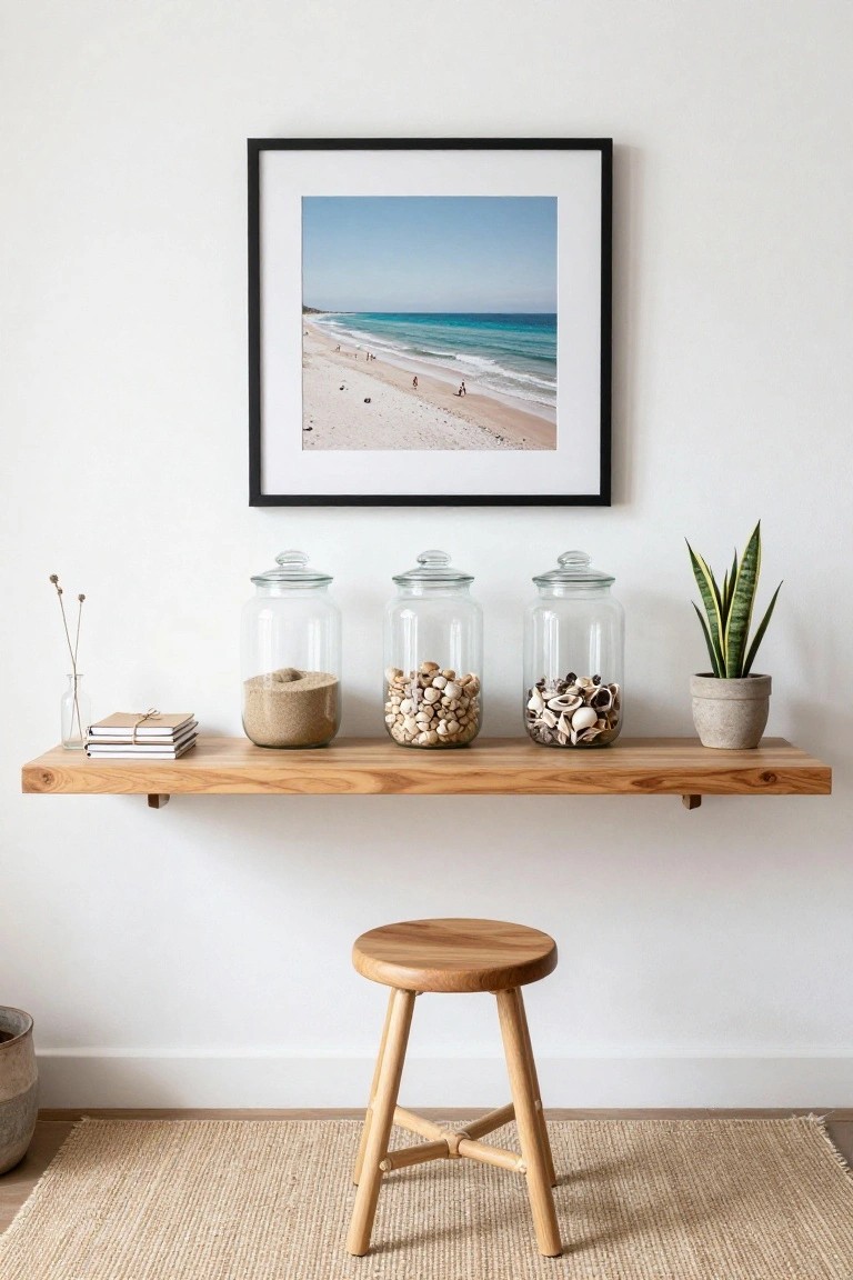 White wall with black-framed photo of sandy beach and ocean, wooden floating shelf holding glass jars of sand and shells, notebooks, dried stems, and potted snake plant, wooden stool on seagrass rug below