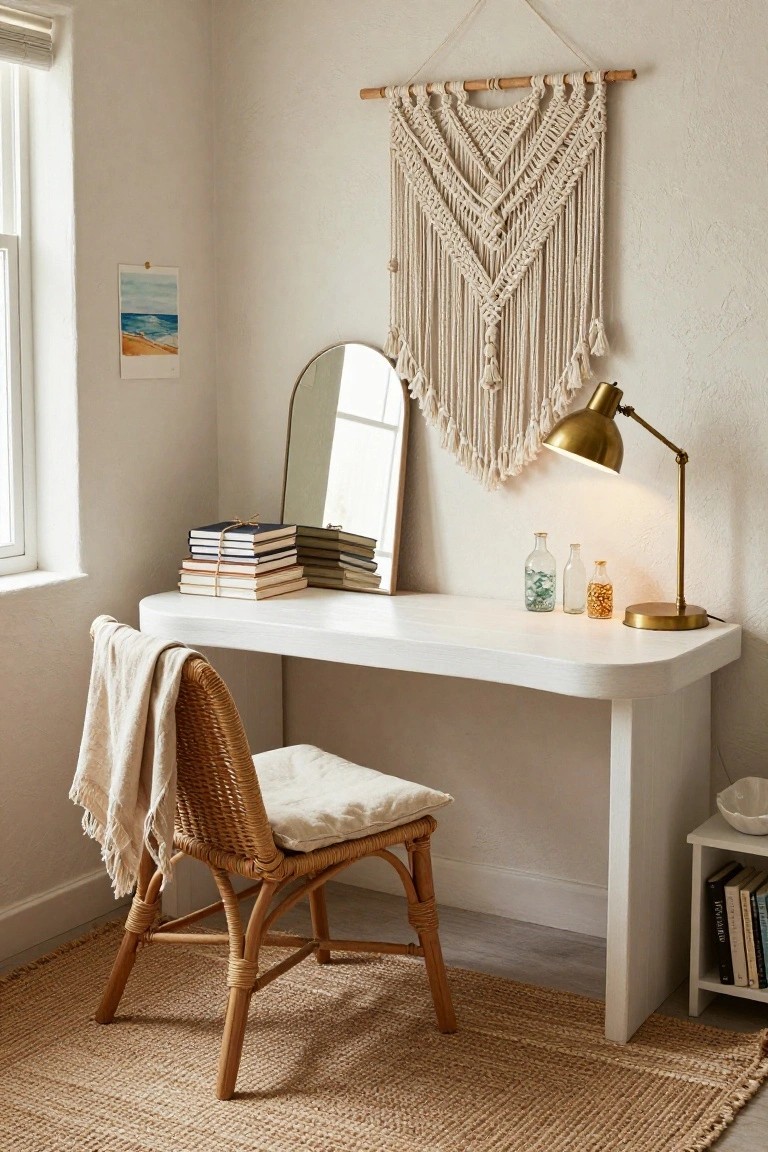 A small home office nook featuring a curved white desk with stacked books, glass bottles, gold lamp, round mirror, rattan chair with draped throw, macrame wall hanging, beach art print, and jute rug on beige walls.