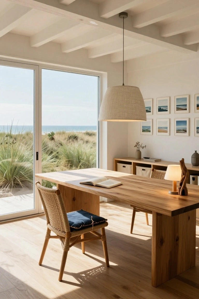Coastal wooden desk with woven chairs, ocean view, and pendant lamp.