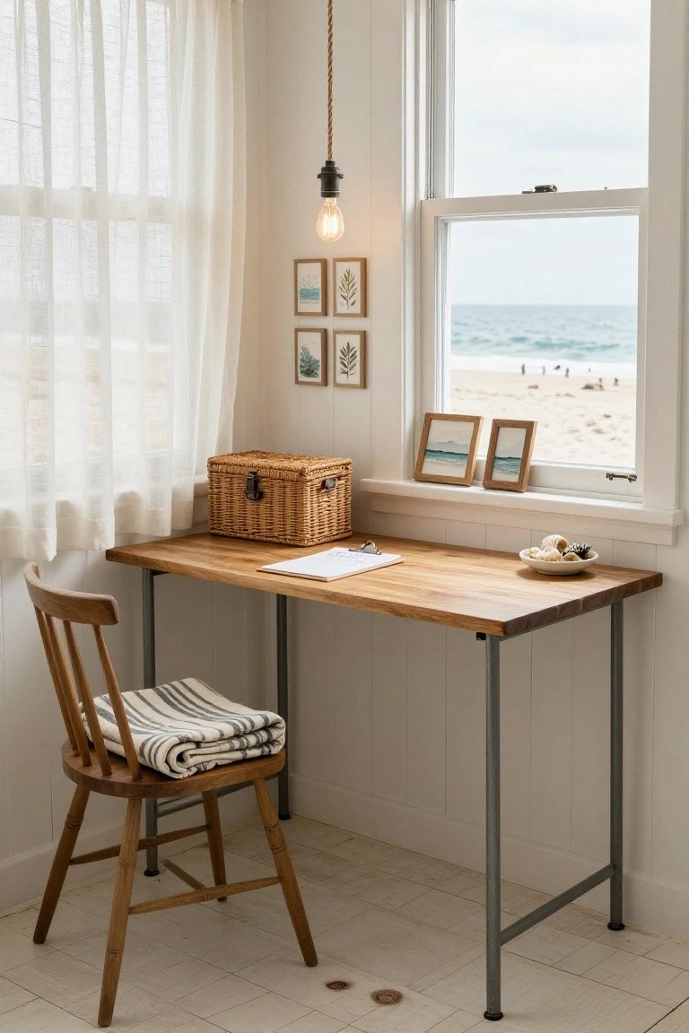 Wooden desk with notebook and shells on top, wooden chair with striped blanket, in a white room with large window showing beach and ocean, framed artwork on walls, wicker basket nearby.