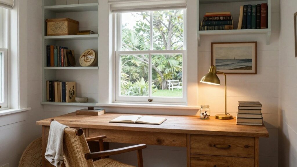 20 Coastal Office Decor Ideas That Feel Breezy Corner office with wooden desk, rattan armchair draped with a throw, brass banker's lamp, built-in pale blue shelving holding books, boxes, jars of seashells, and small sculptures, next to a large window showing the ocean.