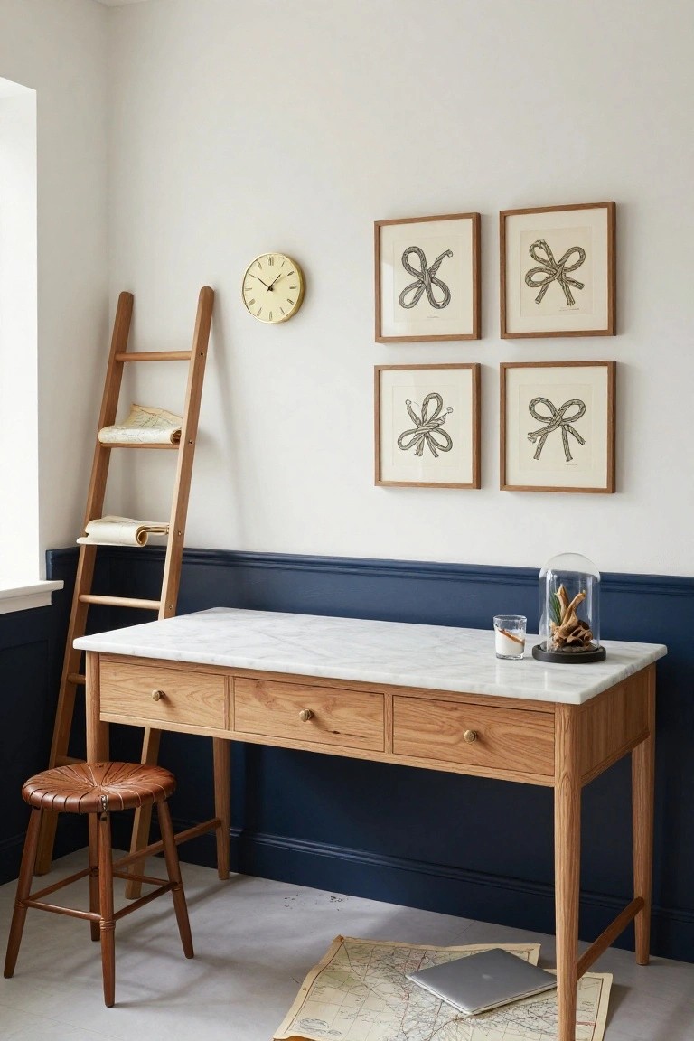 Interior view of a small office space with a light oak desk topped in white marble, a brown leather stool, a wooden ladder leaning against the wall holding rolled yellowed maps, four framed line drawings of rope knots on the wall, a yellow clock, glass dome with driftwood on the desk, navy blue lower wall, and a map on the floor.