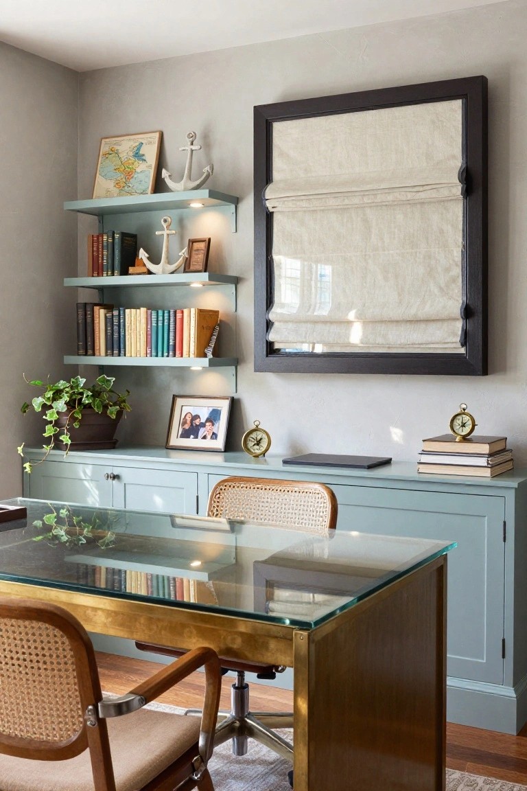 Home office with light blue floating shelves displaying books, white ceramic anchors, a framed world map, potted ivy plant, family photo, small clocks, glass-topped brass desk, rattan chairs, and large fabric roman shade on window.